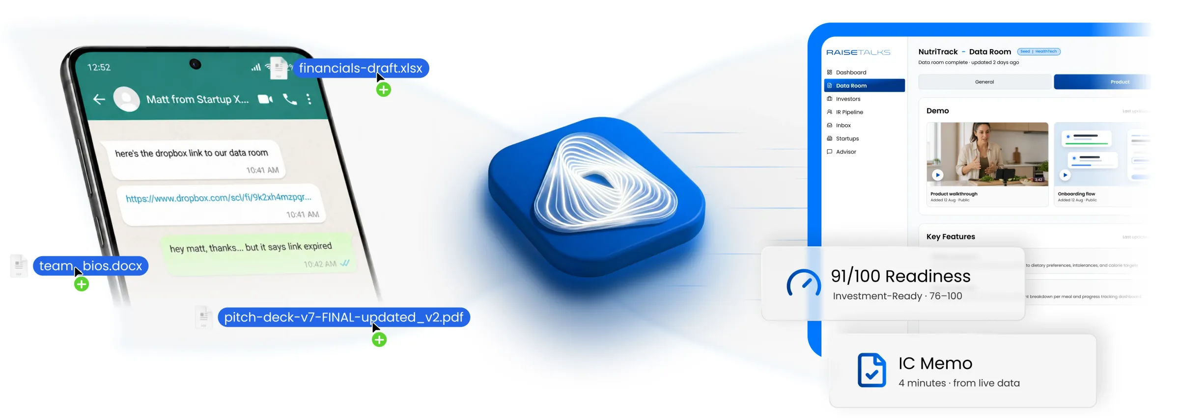 Scattered files turned into one structured RaiseTalks data room with readiness score and IC memo