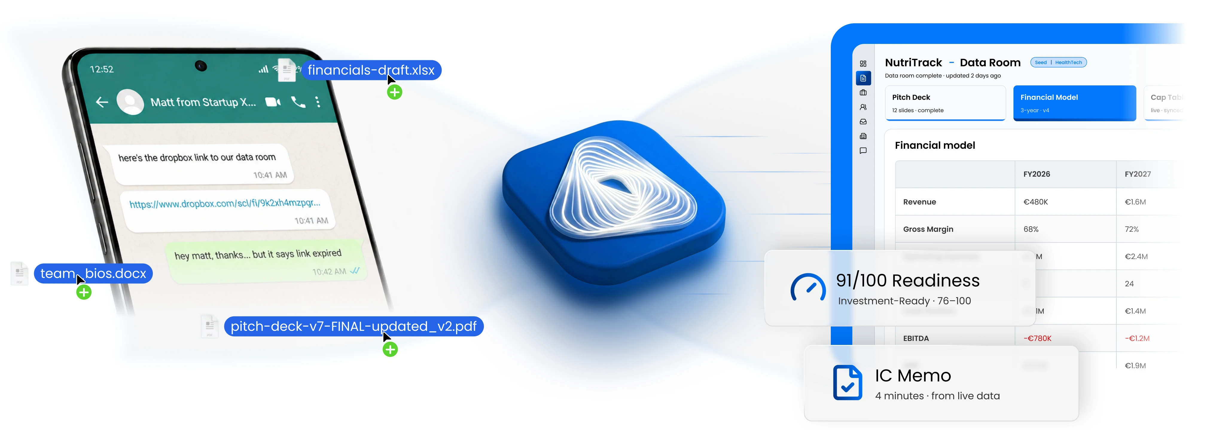 Founder sharing scattered files over chat next to a RaiseTalks data room with AI readiness score and IC memo ready in minutes