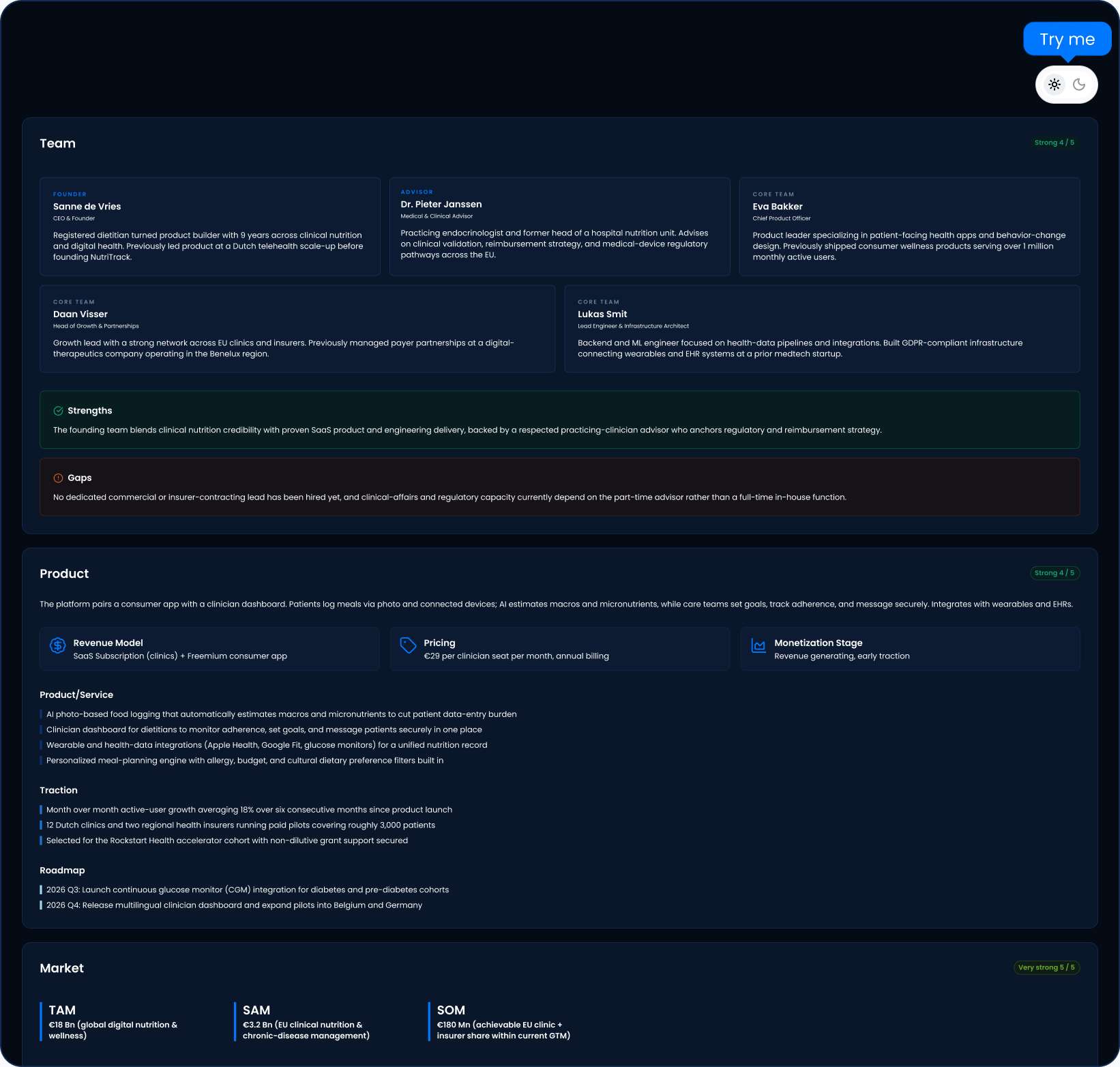 RaiseTalks pre-scoring dashboard showing team, product and market evaluation